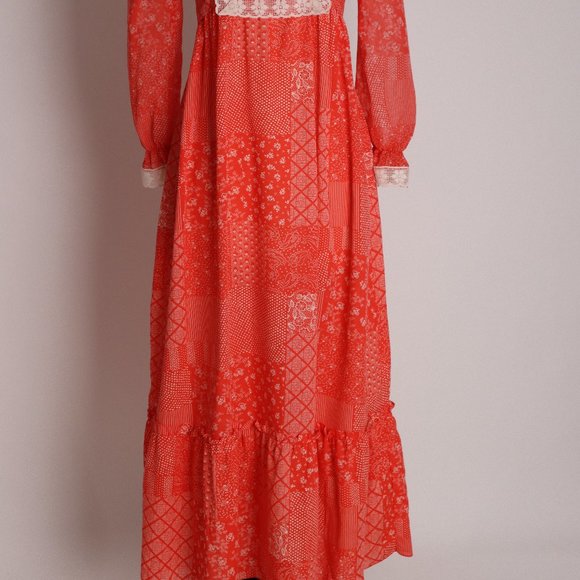 ❄ Vtg Red Prairie Boho Calico Cottage Core Floral Lace Dress Hippie Peasant XS - Picture 3 of 10